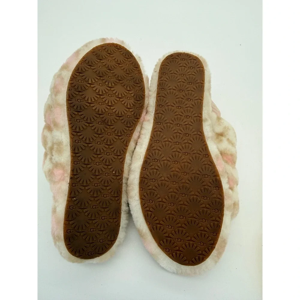 UGG Kids Fluff Yeah Leopard Tan Pink‎ Sheepskin Slide Sandals Size 5Y